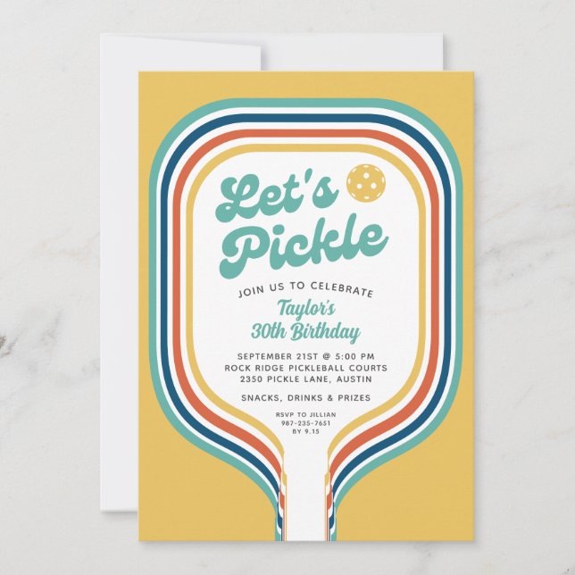 Invitation Pickleball Party Pickle Retro Rainbow Stripe (Devant)
