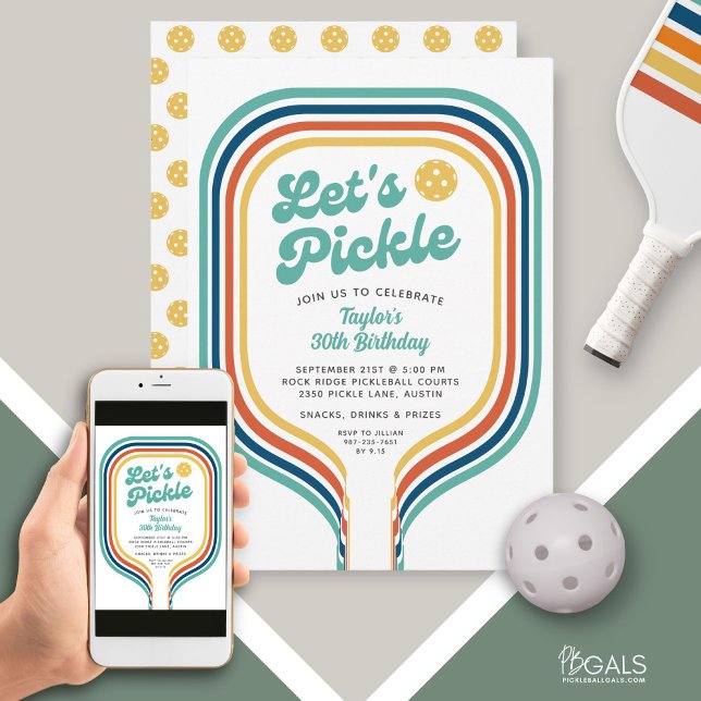 Invitation Pickleball Party Pickle Retro Rainbow Stripe (Créateur téléchargé)