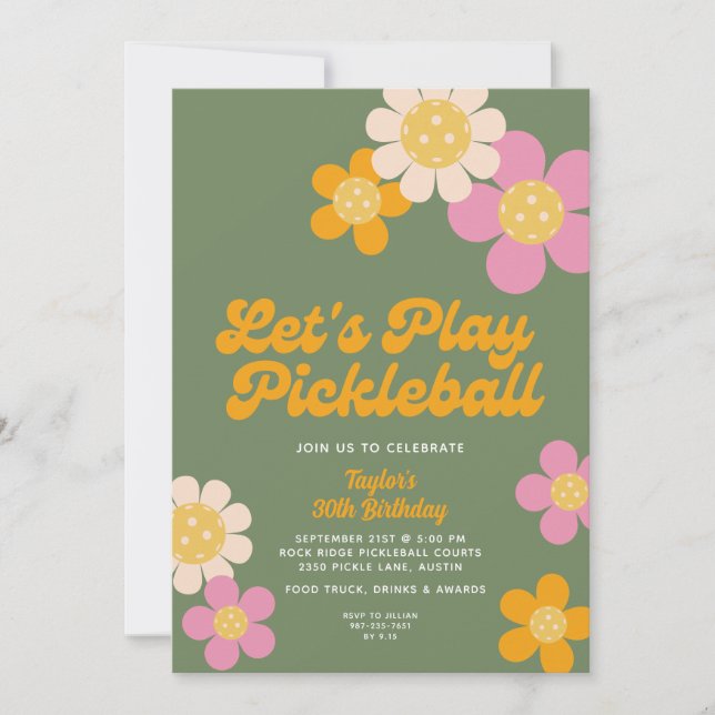 Invitation Pickleball Party Super Retro Rose Orange Fleurs (Devant)
