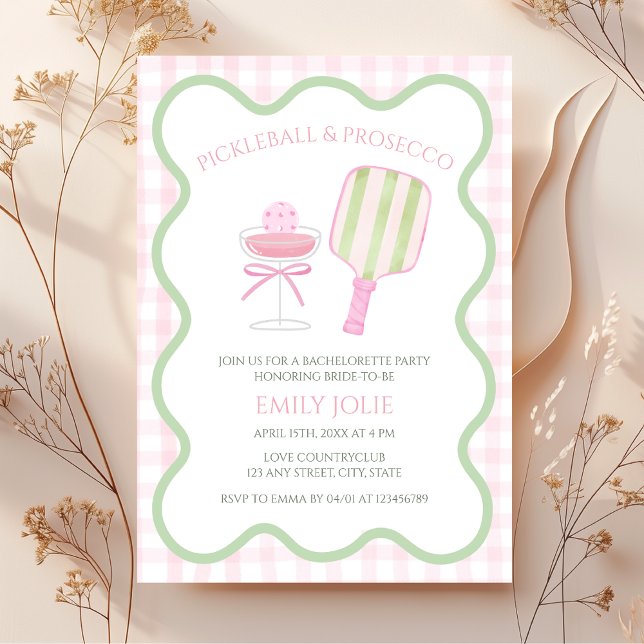Invitation Pickleball & Prosecco Preppy Bachelorette moderne (Pickleball & Prosecco Bachelorette Party Invitation)