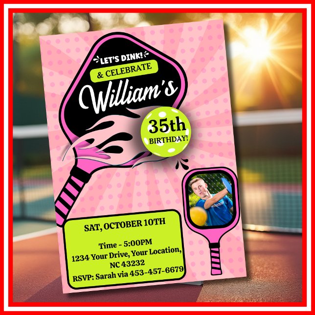 Invitation Pickleball RETRO Pink Sports PHOTO Anniversaire (Pickleball RETRO Pink Sports PHOTO Birthday Invitation)