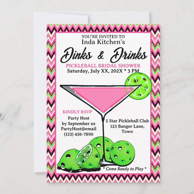 Invitation Pickleball Shower Dinks & Drinks Pink Chevron (Devant)
