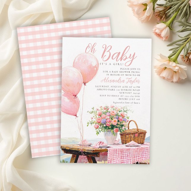 Invitation Picnic Balloons Floral Summer Girl Baby Shower (picnic baby shower invitation card girl summer floral balloons wildflowers backyard outdoors park)