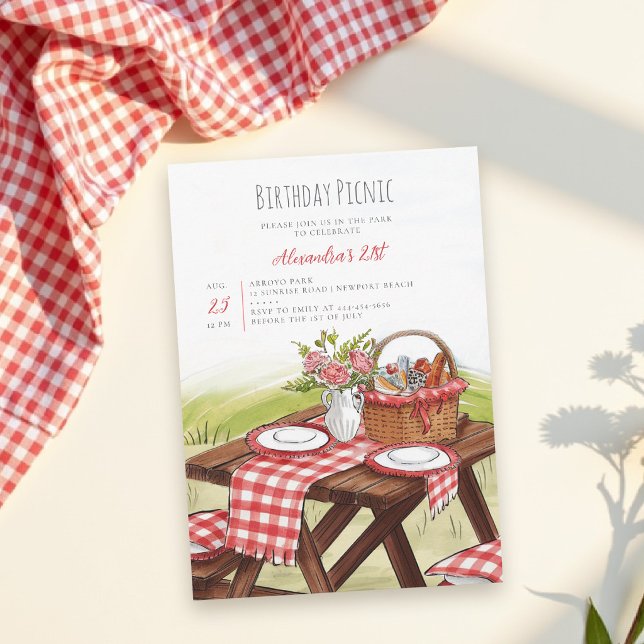 Invitation Picnic Table Basket Summer Red 21st Birthday  (birthday picnic invitation personalized red gingham watercolor park backyard party lawn casual chic)