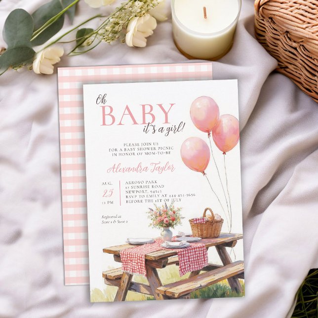 Invitation Picnic Wildflowers Pink Balloons Girl Baby Shower (picnic baby shower invitation card template summer backyard floral balloons wildflowers watercolor)