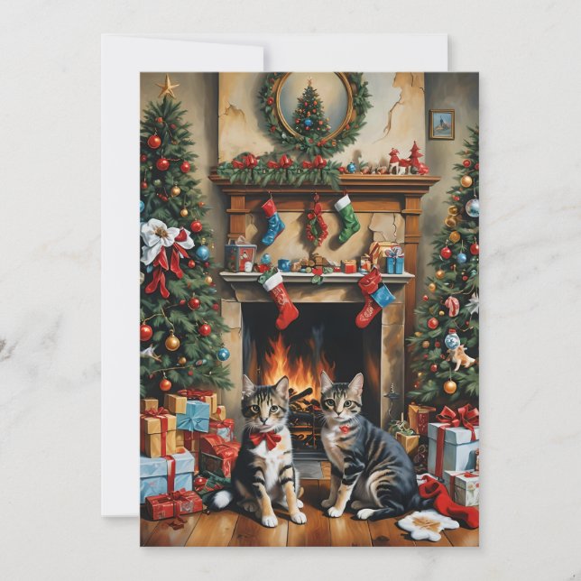 Invitation Pièce décorée de façon festive, cheminée, chats, v (Devant)