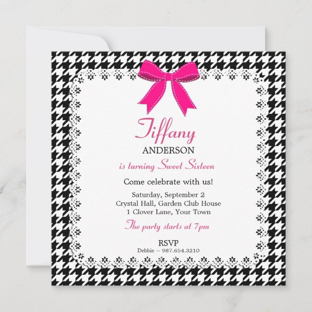 Invitation Pied de fond noir et blanc Pink Bow Lace Sweet 16 (Devant)