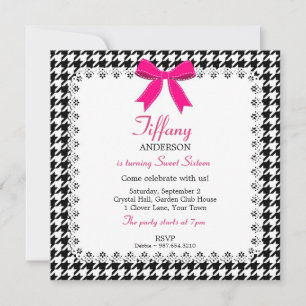 Invitation Pied de fond noir et blanc Pink Bow Lace Sweet 16