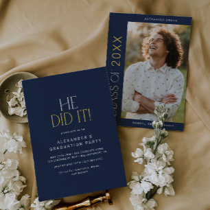 Invitation Pied moderne Marine Gold Il L'A Fait Photo Gradu