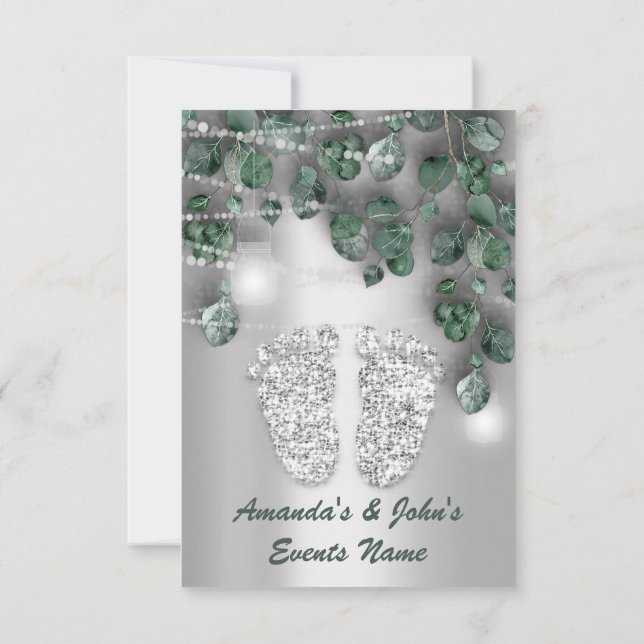 Invitation Pieds baby shower Rustique Green Grey Girl Garçon (Dos)