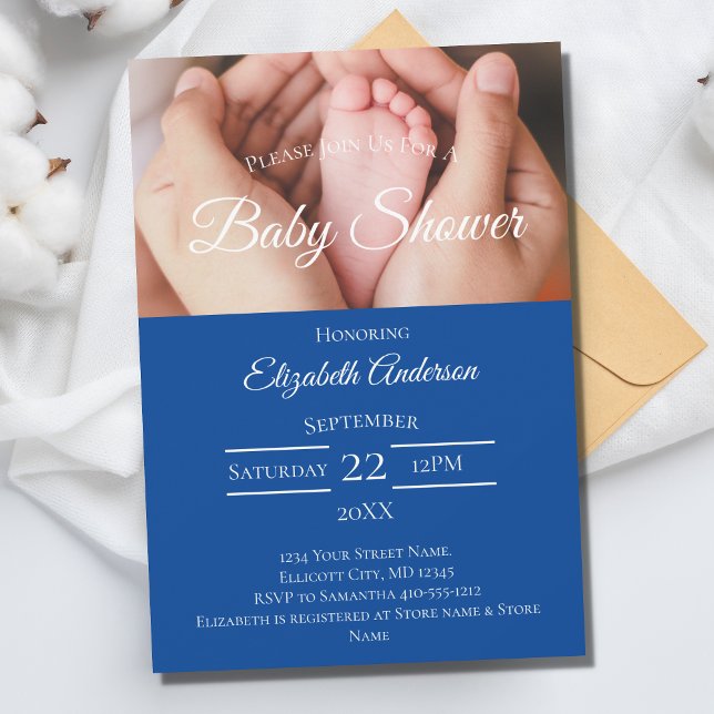 Invitation Pieds bébé photo Baby shower garçon bleu blanc (Créateur téléchargé)