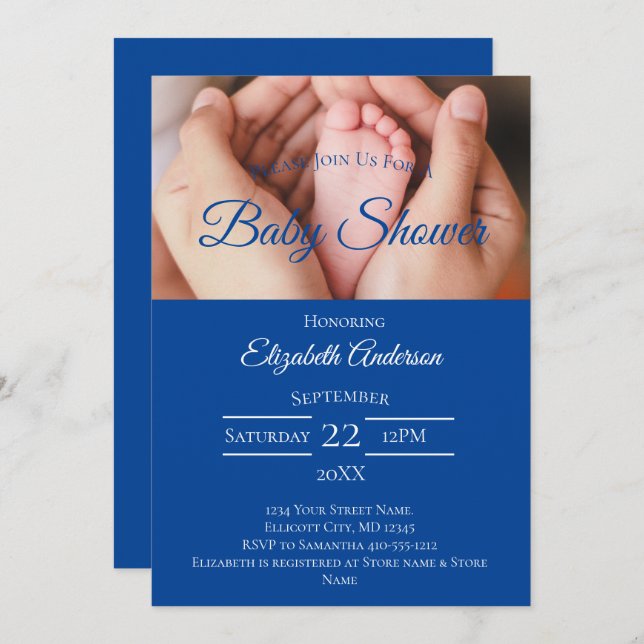 Invitation Pieds bébé photo Baby shower garçon bleu blanc (Devant / Derrière)
