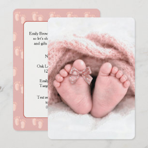 Invitation Pieds de bébé fille avec un nœud à pois