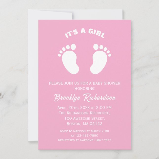 Invitation Pieds Roses Et Blancs C'Est Un Baby shower Fille (Devant)