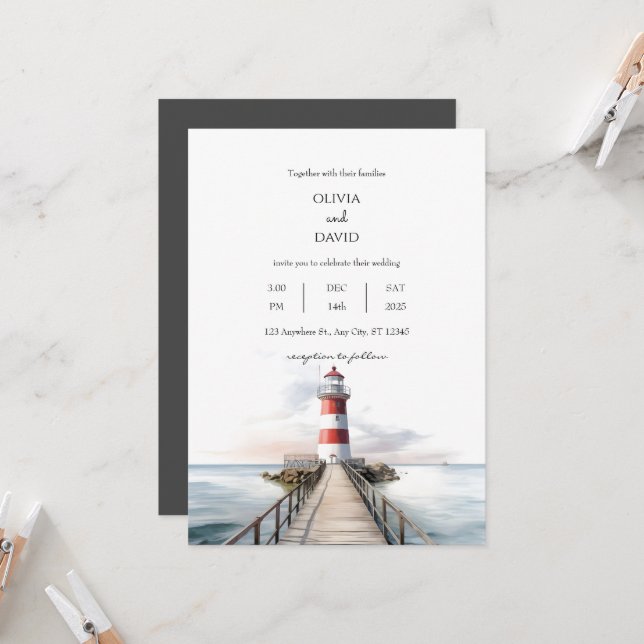 Invitation Pier phare Paysage océanique Mariage nautique (Devant/Arrière en situation)