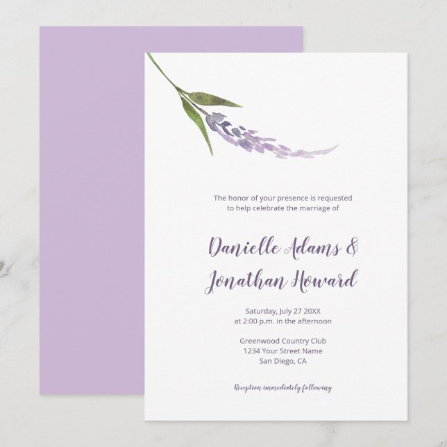 Invitation Pierre à fleurs simple violet Lavande verte (Devant / Derrière)