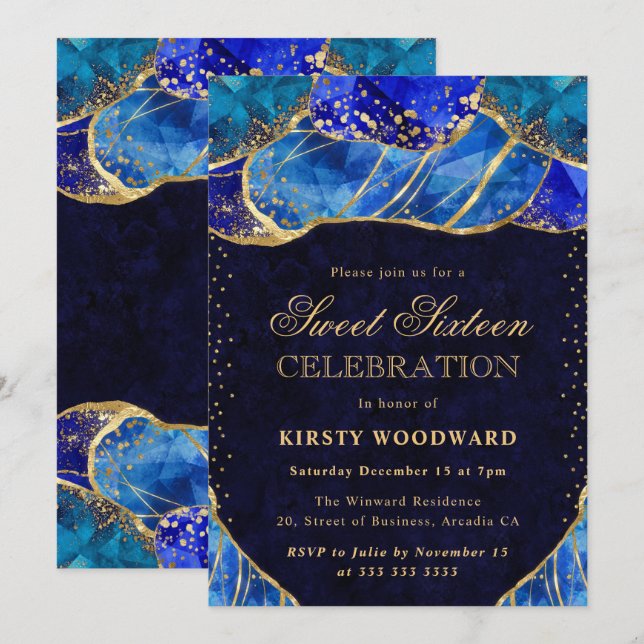 Invitation Pierre de cristal bleu élégant doré Sweet 16 (Devant / Derrière)