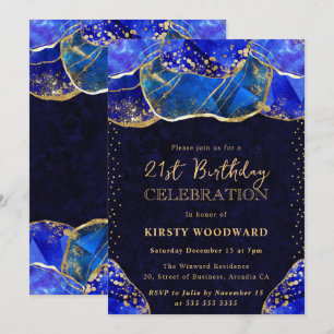 Invitation Pierre de cristal bleu or élégant pour 21e anniver