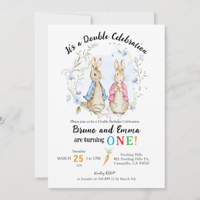 Invitation Pierre et Flopsy Lapin frères et soeurs Anniversai (Devant)