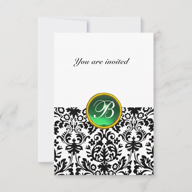 Invitation PIERRE GEMME DAMASK MONOGRAMME vert jade blanc rsv (Devant)