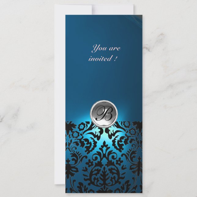 Invitation PIERRE GEMME MONOGRAMME DAMASK  blanc bleu, sarcel (Devant)