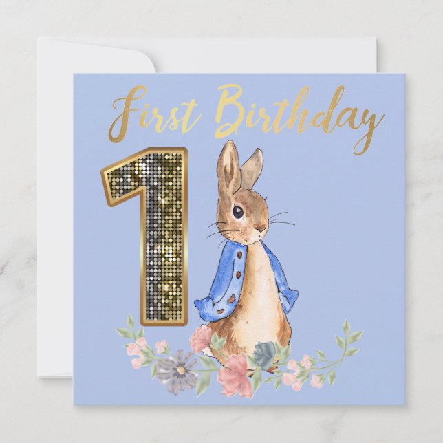 Invitation Pierre le lapin avec l'or Premier Anniversaire Tex (Devant)