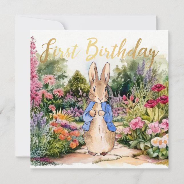 Invitation Pierre le lapin dans son jardin 1er anniversaire (Devant)