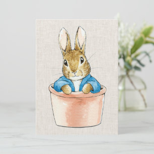 Invitation Pierre le lapin en pot plante texture de lin beige