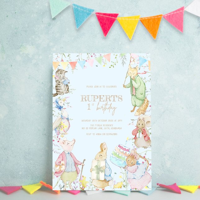 Invitation Pierre le lapin Premier anniversaire bleu (Créateur téléchargé)