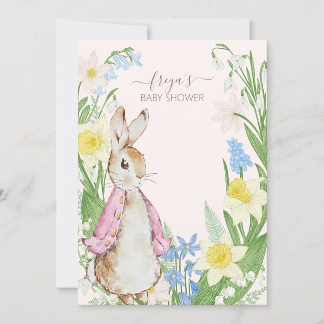 Invitation Pierre le lapin Printemps fleurit Baby shower rose (Devant)