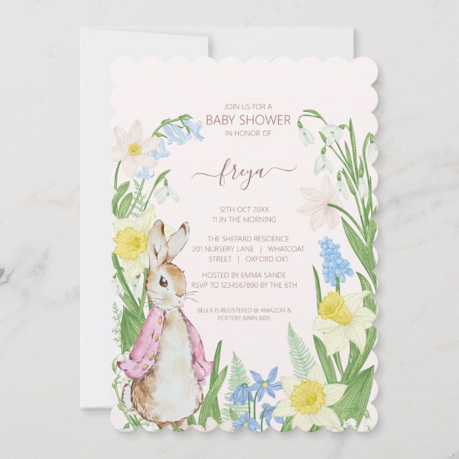 Invitation Pierre le lapin Printemps fleurit Baby shower rose (Devant)