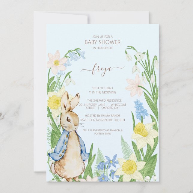 Invitation Pierre le lapin Printemps fleurs Baby shower bleu (Devant)