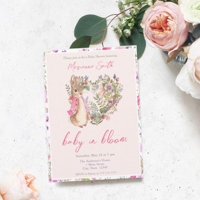 Invitation Pierre le lapin rose Floral Baby shower fille (Créateur téléchargé)