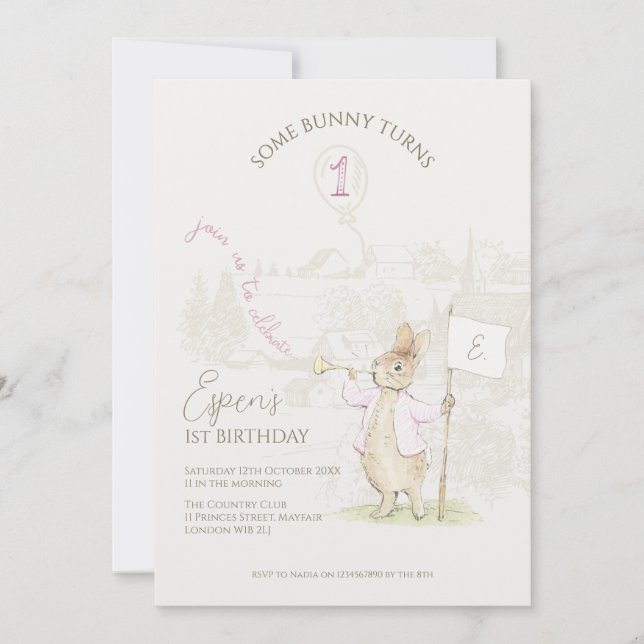 Invitation Pierre le lapin un lapin 1er Anniversaire rose (Devant)