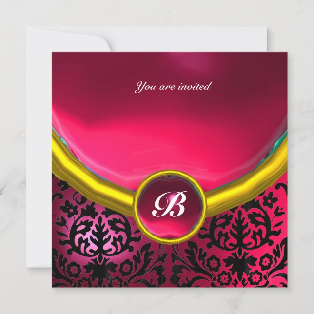 Invitation Pierre précieuse DAMASK monogramme rose fuchsia ru (Devant)