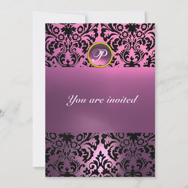 Invitation PIERRE PRÉCIEUSE DAMASK MONOGRAMME rose violet (Devant)