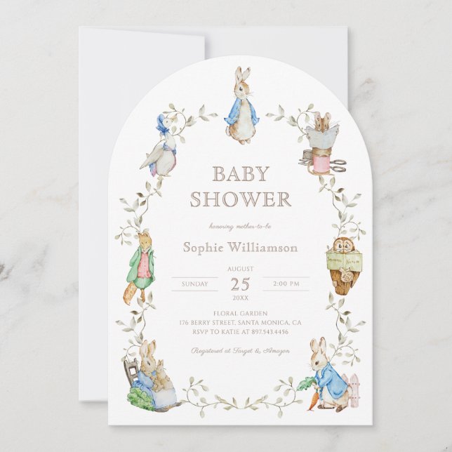 Invitation Pierre Rabbit Verdure Aquarelle Baby shower Arc (Devant)