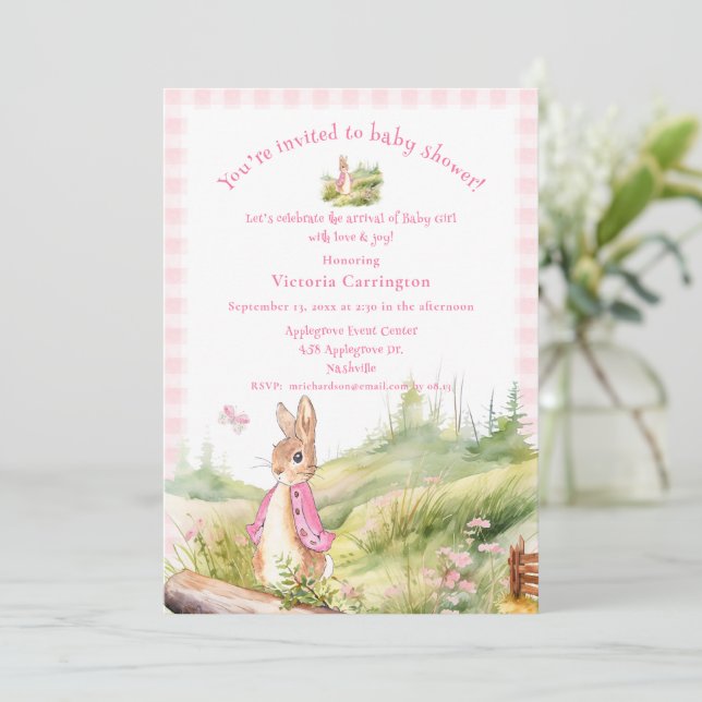 Invitation Pierre rose Rabbit Baby shower bébé fille  (Debout devant)