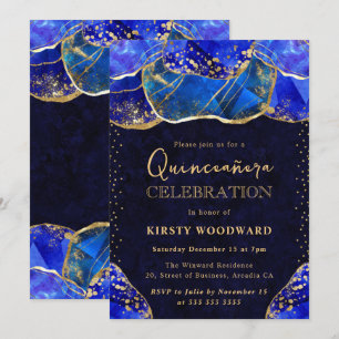 Invitation Pierres de cristal bleu or élégant pour Quinceañer