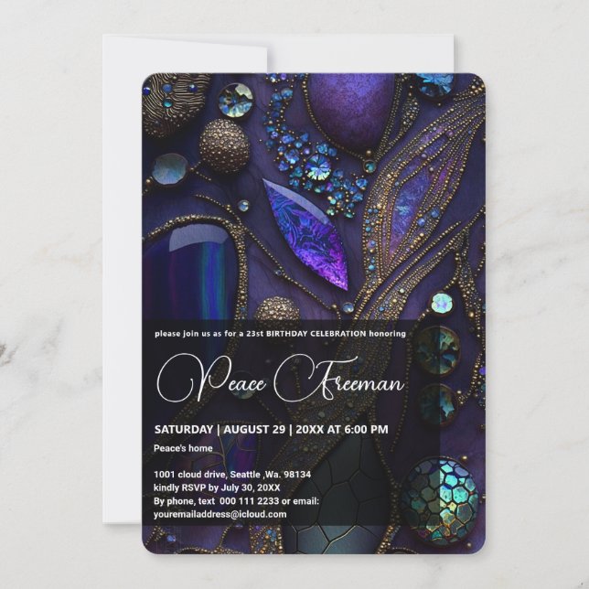 Invitation Pierres de cristal Iridescente, Violet, Violet, Or (Devant)