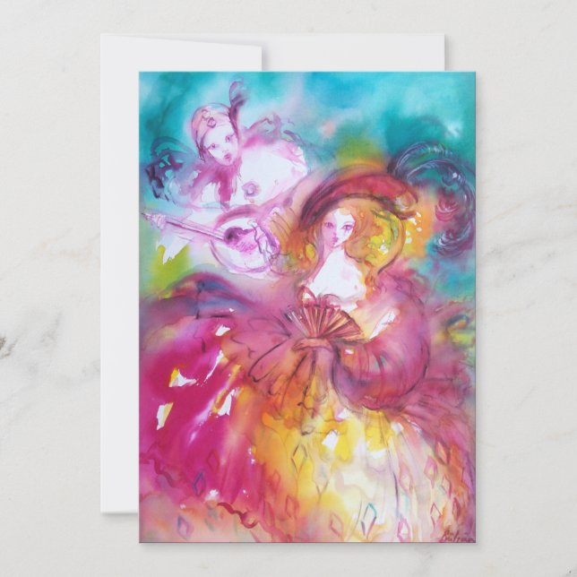 Invitation PIERROT ET ARLECCHINA Fête de Mardi Gras en Masque (Devant)