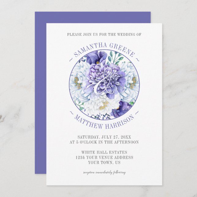 Invitation Pies blanches violettes Mariage de typographie (Devant / Derrière)