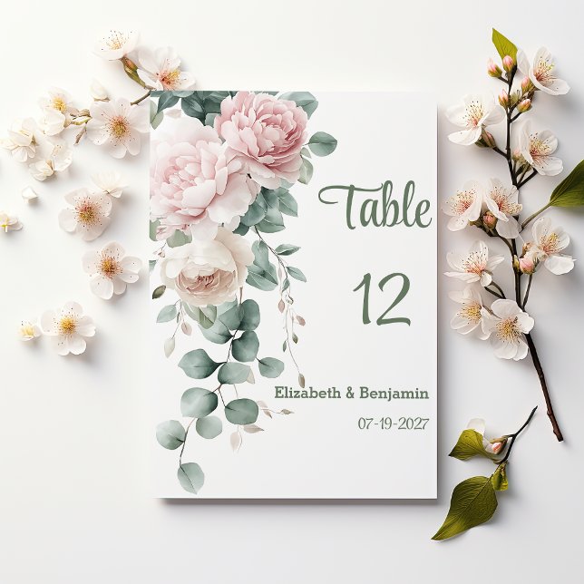 Invitation Pies de guirlande roses feuilles d'eucalyptus Numé (Pink garland peonies eucalyptus leaf Table Numbers )