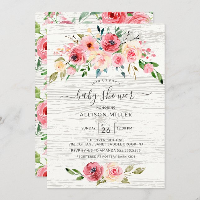 Invitation Pies de printemps rustique Rose Baby shower floral (Devant / Derrière)