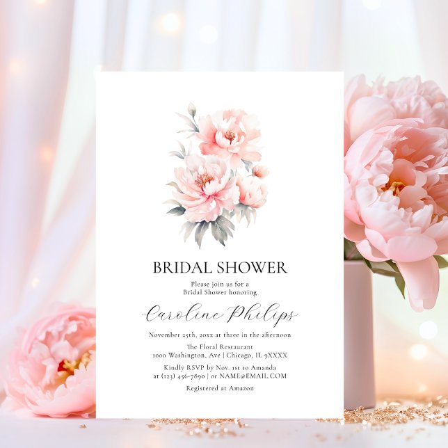 Invitation Pies florales simples FÊTE DES MARIÉES rose pâle (Simple Floral Peonies Blush Pink BRIDAL SHOWER Invitation)