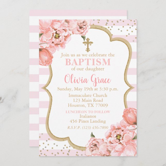 Invitation Pies florissantes Pink Blush & Gold Baptism (Devant / Derrière)