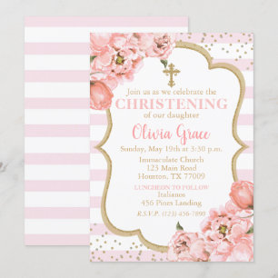 Invitation Pies florissantes Pink Blush & Gold Christening
