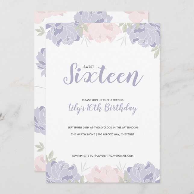 Invitation Pies rose et violet Douce 16 Anniversaire fête (Devant / Derrière)