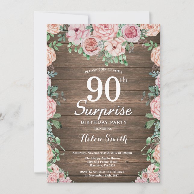 Invitation Pies rose florale rustique Surprise 90e anniversai (Devant)