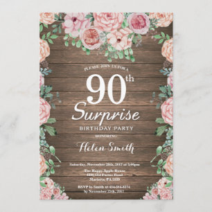 Invitation Pies rose florale rustique Surprise 90e anniversai